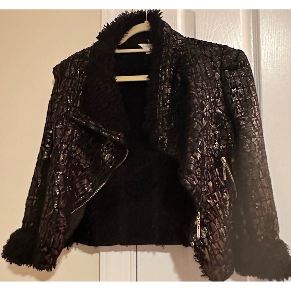 Harlowe Zee Women's Black Metallic Crocodile‎ Faux Fur Moto Jacket Size M